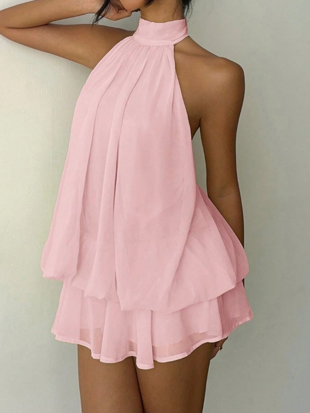 Baby Pink Casual Women's Elegant Halter Tie Mini Dress - Picture 5 of 7